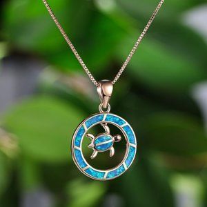Blue Opal Sea Turtle Circle Rose Gold Necklace